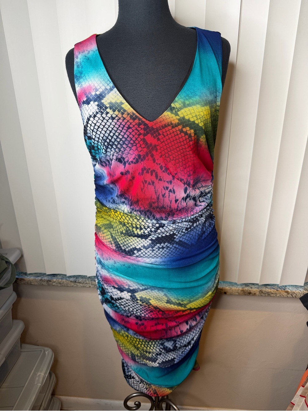 Boston Proper Sleeveless V-Neck Multicolor Ruched Bodycon Dress Size Large